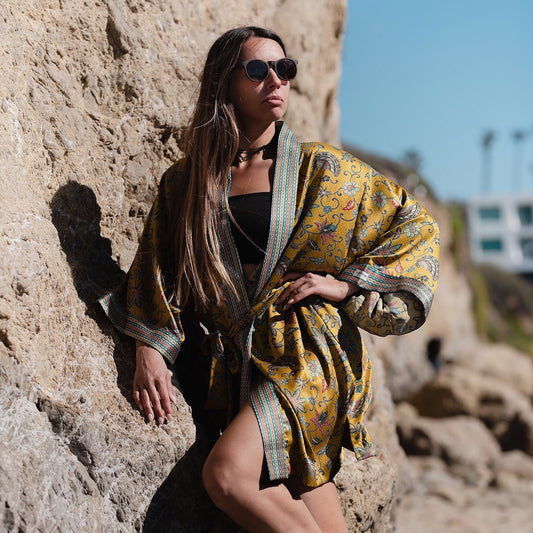 Short Silk Kimono robe Silk Blend Bali Java Batik Vacation Robe Gift Atlas Silk Blend kimono robe iis Gift for Women