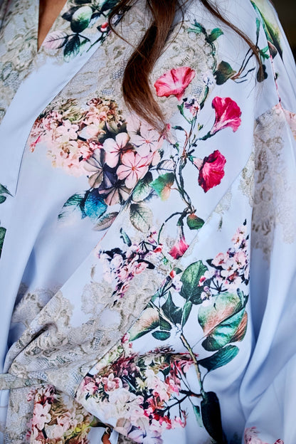 Floral Skyblue Silk Kimono Robe Bridesmaid Robe Christmas Bohemian  Kimono Robe Gift  Women Silk Kimono Robe Gift Bridesmaid  Silk long Robe