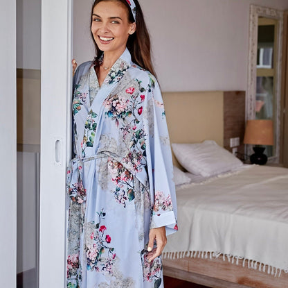 Floral Skyblue Silk Kimono Robe Bridesmaid Robe Christmas Bohemian  Kimono Robe Gift  Women Silk Kimono Robe Gift Bridesmaid  Silk long Robe