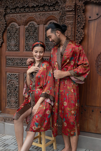 Boho Red Set of 2 silk blend kimono for couples- Luxury Pajamas - Resort Vacation kimono robe -Gift for Valentines Day for him and her