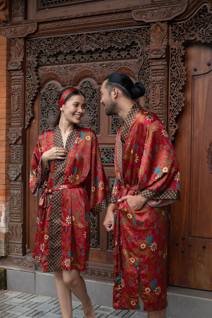 Boho Red Set of 2 silk blend kimono for couples- Luxury Pajamas - Resort Vacation kimono robe -Gift for Valentines Day for him and her