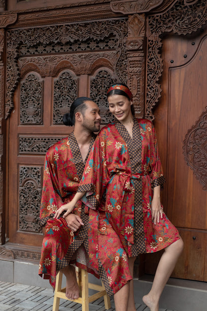 Boho Red Set of 2 silk blend kimono for couples- Luxury Pajamas - Resort Vacation kimono robe -Gift for Valentines Day for him and her