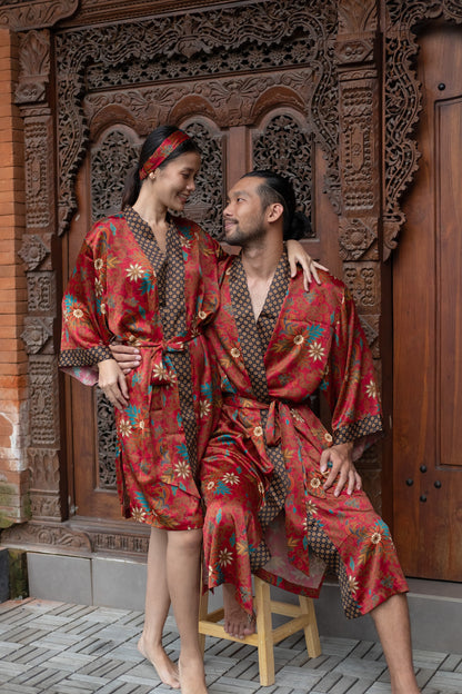 Boho Red Set of 2 silk blend kimono for couples- Luxury Pajamas - Resort Vacation kimono robe -Gift for Valentines Day for him and her