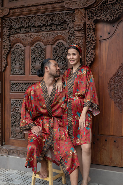 Boho Red Set of 2 silk blend kimono for couples- Luxury Pajamas - Resort Vacation kimono robe -Gift for Valentines Day for him and her