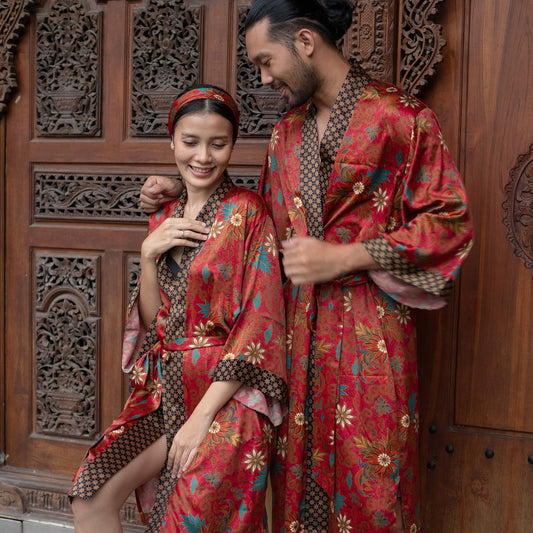 Boho Red Set of 2 silk blend kimono for couples- Luxury Pajamas - Resort Vacation kimono robe -Gift for Valentines Day for him and her