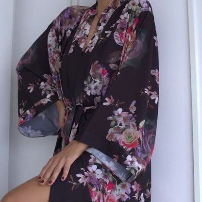 Floral Handmade  Silk Kimono Robe long  -Long Night Gown Dress for Women - Silk Boho Kimono Robe - Floral Handmade Silk bland kimono
