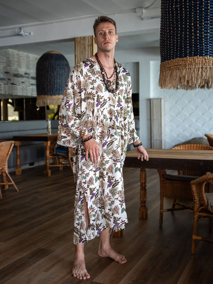 Long Sleeve Silk Kaftan Dress for Men - Bali Batik Silk Blend Hooded Kaftan Gift for Boyfriend - Kimono Kaftan Summer Dress Party wear Dress