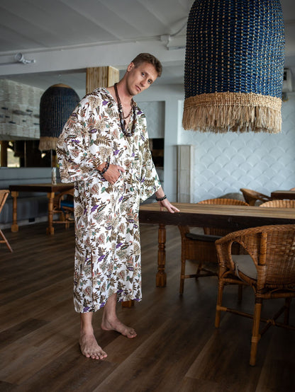 Long Sleeve Silk Kaftan Dress for Men - Bali Batik Silk Blend Hooded Kaftan Gift for Boyfriend - Kimono Kaftan Summer Dress Party wear Dress