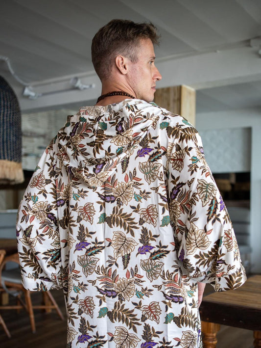Long Sleeve Silk Kaftan Dress for Men - Bali Batik Silk Blend Hooded Kaftan Gift for Boyfriend - Kimono Kaftan Summer Dress Party wear Dress