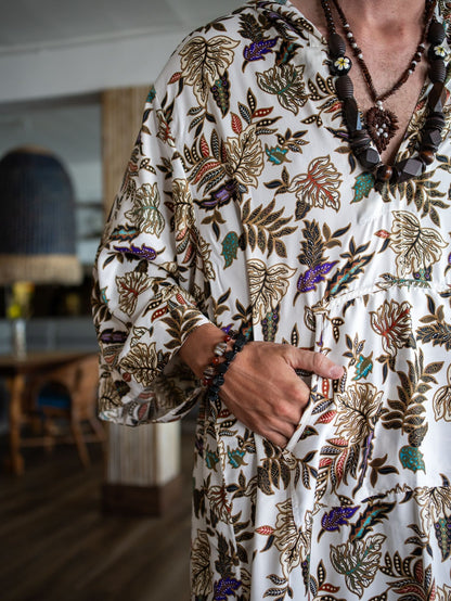 Long Sleeve Silk Kaftan Dress for Men - Bali Batik Silk Blend Hooded Kaftan Gift for Boyfriend - Kimono Kaftan Summer Dress Party wear Dress