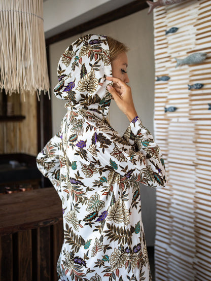 Hooded Kimono Kaftan Robe,Bali Batik Silk Kimono, Long Kimono SummerGift