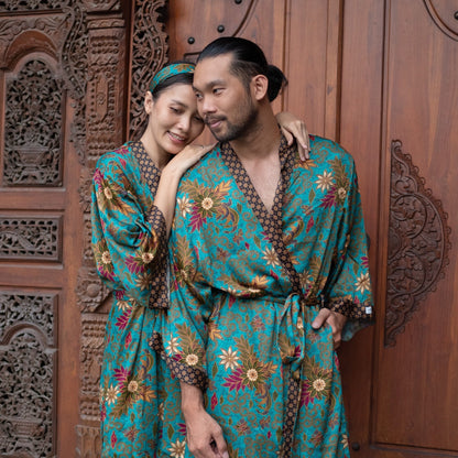 Matching Batik Kimono Robe Set: Atlas Silk Blend Bohemian Resort Wear