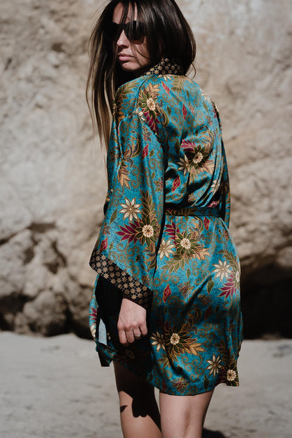 Turquoise Short Silk Kimono Robe for Women  Bali Java Silk Satin Blend  Long Sleeve Polynesian Floral Gift Robe