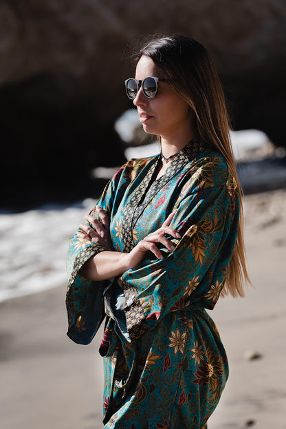 Turquoise Short Silk Kimono Robe for Women  Bali Java Silk Satin Blend  Long Sleeve Polynesian Floral Gift Robe