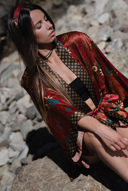 Red Silk Kimono Robe: Boho Batik Loungewear - ApheaFashion Brand