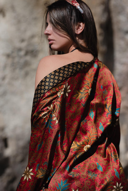 Red Silk Kimono Robe: Boho Batik Loungewear - ApheaFashion Brand