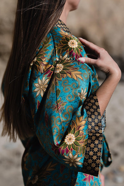 Turquoise Short Silk Kimono Robe for Women  Bali Java Silk Satin Blend  Long Sleeve Polynesian Floral Gift Robe