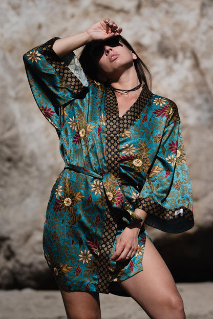 Turquoise Short Silk Kimono Robe for Women  Bali Java Silk Satin Blend  Long Sleeve Polynesian Floral Gift Robe