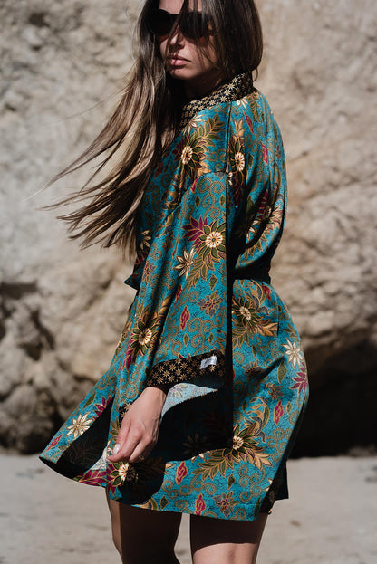Turquoise Short Silk Kimono Robe for Women  Bali Java Silk Satin Blend  Long Sleeve Polynesian Floral Gift Robe