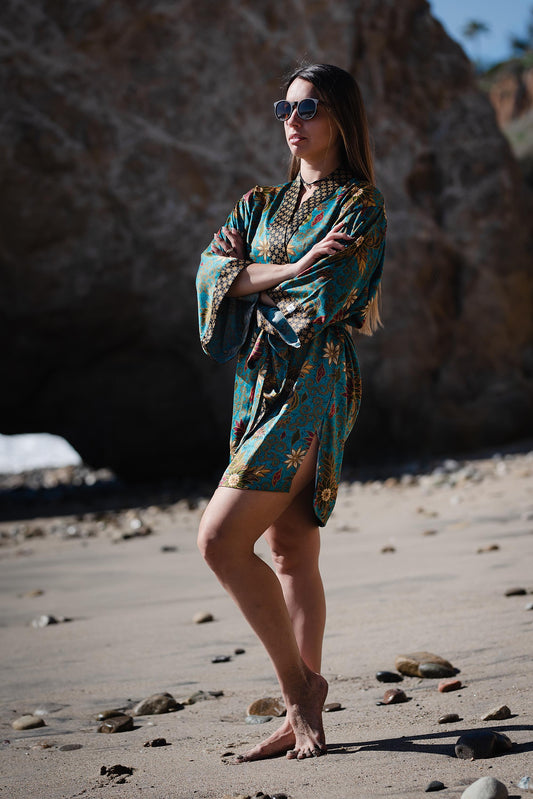 Turquoise Short Silk Kimono Robe for Women  Bali Java Silk Satin Blend  Long Sleeve Polynesian Floral Gift Robe