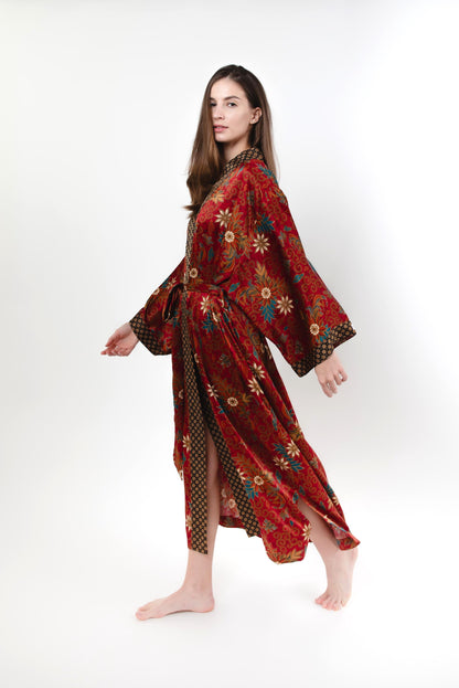 Red Floral Silk Kimono Robe Long for Women -Long Silk Boho Kimono Robe Pajamas Christmas Gift - Soft and Comfortable Robe Gift for Wife Mom
