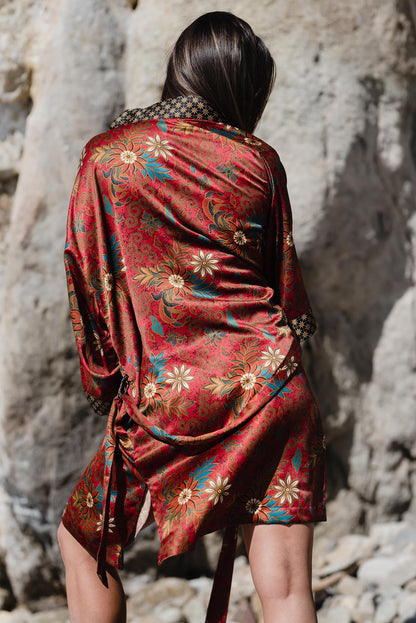 Red Silk Kimono Robe: Boho Batik Loungewear - ApheaFashion Brand