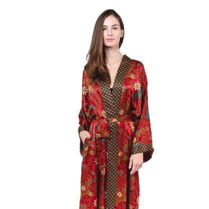 Red Floral Silk Kimono Robe Long for Women -Long Silk Boho Kimono Robe Pajamas Christmas Gift - Soft and Comfortable Robe Gift for Wife Mom