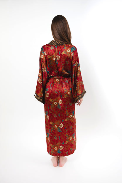 Red Floral Silk Kimono Robe Long for Women -Long Silk Boho Kimono Robe Pajamas Christmas Gift - Soft and Comfortable Robe Gift for Wife Mom