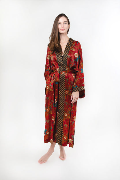 Red Floral Silk Kimono Robe Long for Women -Long Silk Boho Kimono Robe Pajamas Christmas Gift - Soft and Comfortable Robe Gift for Wife Mom