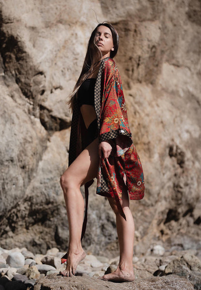 Red Silk Kimono Robe: Boho Batik Loungewear - ApheaFashion Brand