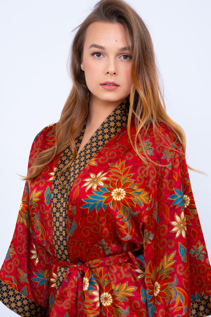Short Floral Red Silk Kimono Robe -Elegant Boho Bridesmaid Wear - Honeymoon Silk Robe with Side Pockets Christmas Gift -Bali Silk Pajama