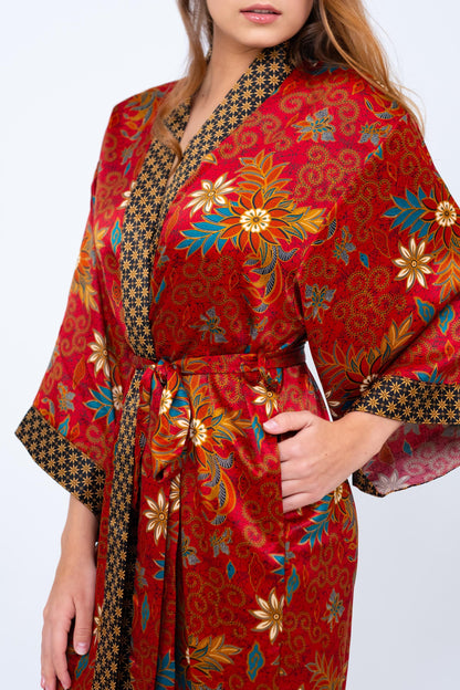 Short Floral Red Silk Kimono Robe -Elegant Boho Bridesmaid Wear - Honeymoon Silk Robe with Side Pockets Christmas Gift -Bali Silk Pajama