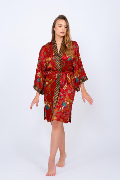 Short Floral Red Silk Kimono Robe -Elegant Boho Bridesmaid Wear - Honeymoon Silk Robe with Side Pockets Christmas Gift -Bali Silk Pajama