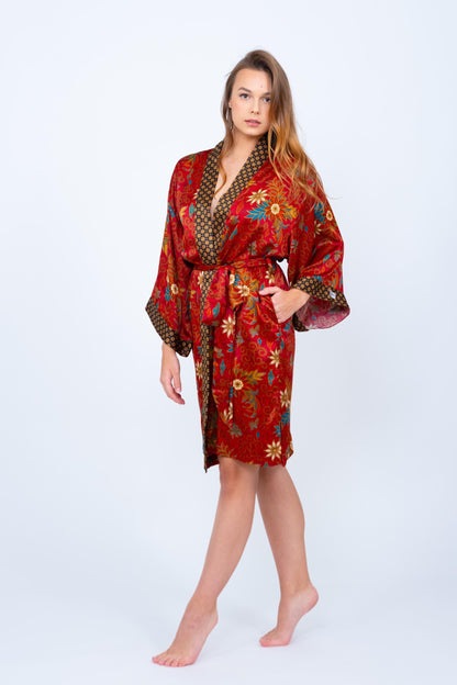 Short Floral Red Silk Kimono Robe -Elegant Boho Bridesmaid Wear - Honeymoon Silk Robe with Side Pockets Christmas Gift -Bali Silk Pajama