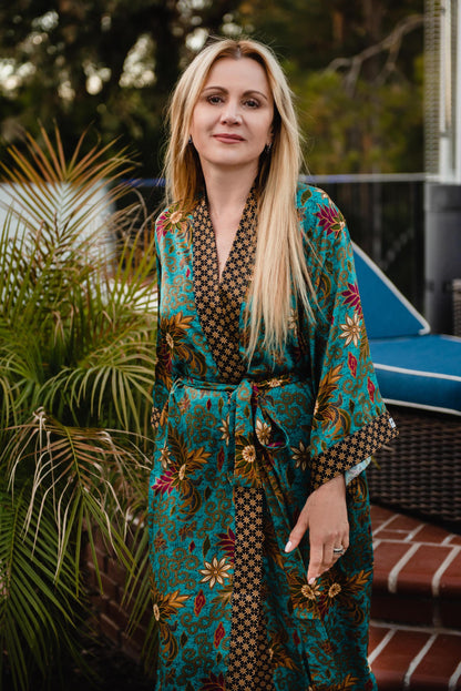 Handmade Silk Blend Kimono Robe: Bali Batik Kaftan