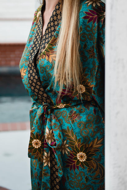 Handmade Silk Blend Kimono Robe: Bali Batik Kaftan