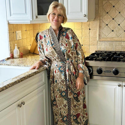 Kimono Robe Silk Robe Silk Kimono Robe  Beige Long Luxury Gift for Mom Wife Friend, Boho Dressing Gown for Anniversary Resort Vacation
