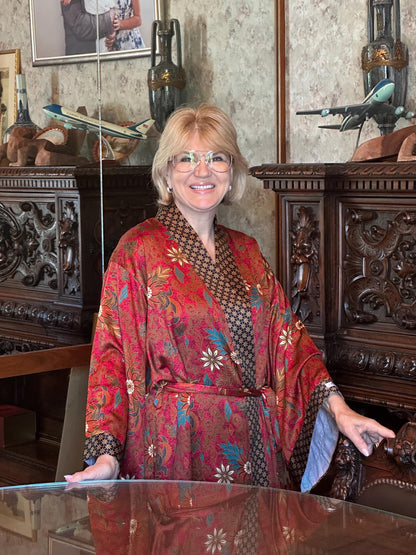 Red Silk Kimono Robe - Boho  Bali Batik Robe for Women & Men - Floral Long Robe for Wedding, Spa, Lounge, Gift.