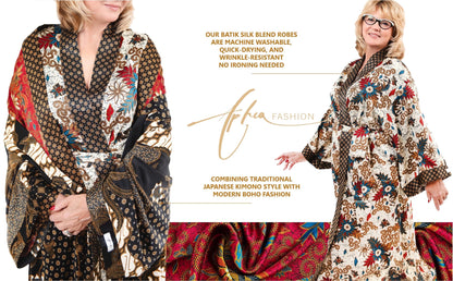 Red Silk Kimono Robe - Boho  Bali Batik Robe for Women & Men - Floral Long Robe for Wedding, Spa, Lounge, Gift.