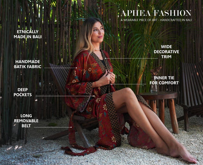 Red Silk Kimono Robe - Boho  Bali Batik Robe for Women & Men - Floral Long Robe for Wedding, Spa, Lounge, Gift.