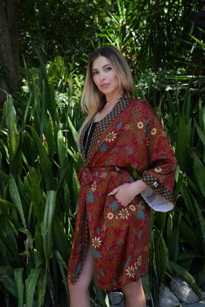 Short Floral Red Silk Kimono Robe -Elegant Boho Bridesmaid Wear - Honeymoon Silk Robe with Side Pockets Christmas Gift -Bali Silk Pajama