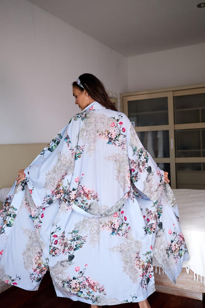 Silk Kimono Robe: Light Blue Floral Boho Loungewear