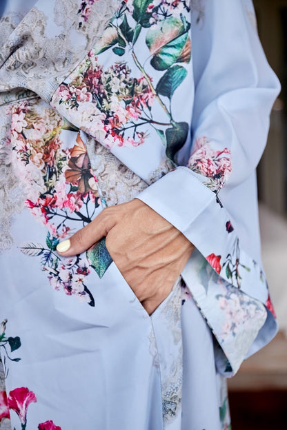 Silk Kimono Robe: Light Blue Floral Boho Loungewear