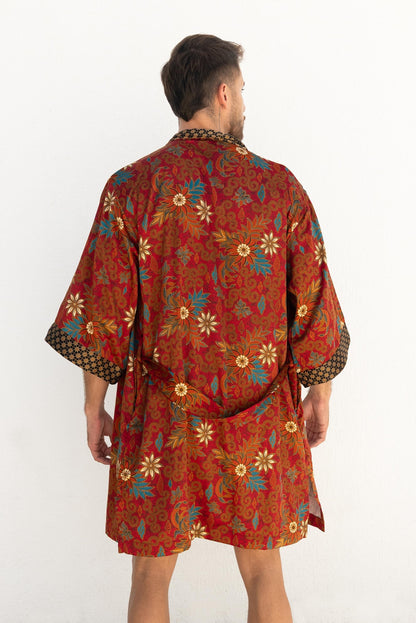 Red Silk Bland kimono Short -Boho robe for men -Bali Style Festival Kimono Men spa robe -Spirit gift for men Unique gift for traveler style