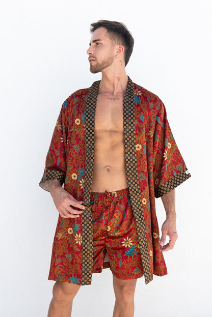 Red Silk Bland kimono Short -Boho robe for men -Bali Style Festival Kimono Men spa robe -Spirit gift for men Unique gift for traveler style