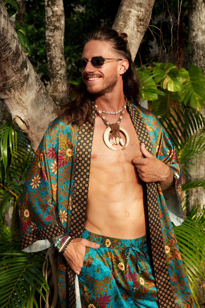 Boho Spiritual Festival Kimono  long Set  Mens Tribal Robe & Shorts Handmade Bali Batik  Sacred Ritual Outfit  Silk Blend Loungewear