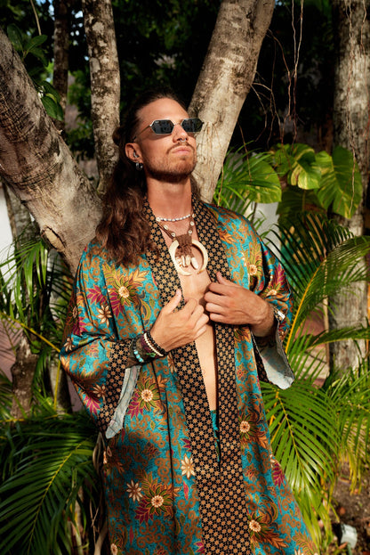 Boho Spiritual Festival Kimono  long Set  Mens Tribal Robe & Shorts Handmade Bali Batik  Sacred Ritual Outfit  Silk Blend Loungewear