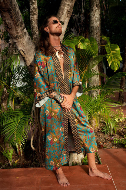 Boho Spiritual Festival Kimono  long Set  Mens Tribal Robe & Shorts Handmade Bali Batik  Sacred Ritual Outfit  Silk Blend Loungewear