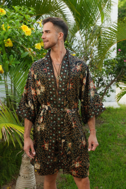 Mens Boho Short Kimono Set -Black Silk Blend Batik Robe and Boxers -Festival Loungewear -Unique Gift for Him-Bali spirit men kimono set