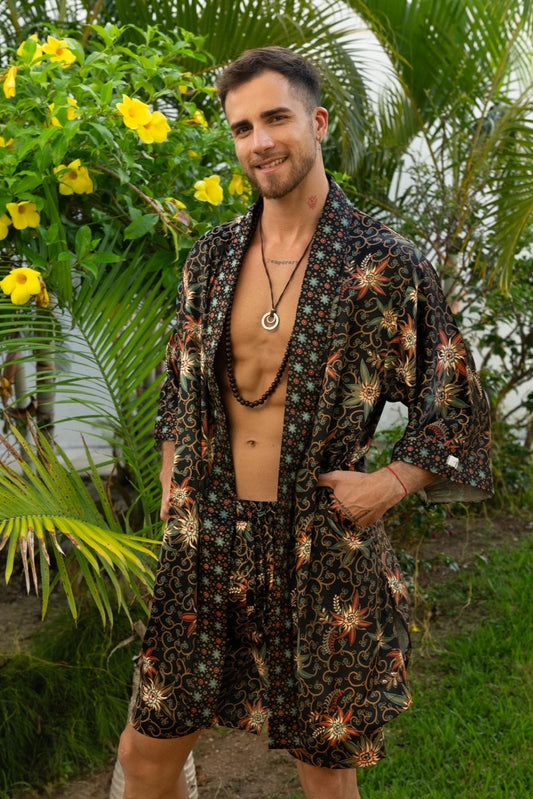 Mens Boho Short Kimono Set -Black Silk Blend Batik Robe and Boxers -Festival Loungewear -Unique Gift for Him-Bali spirit men kimono set